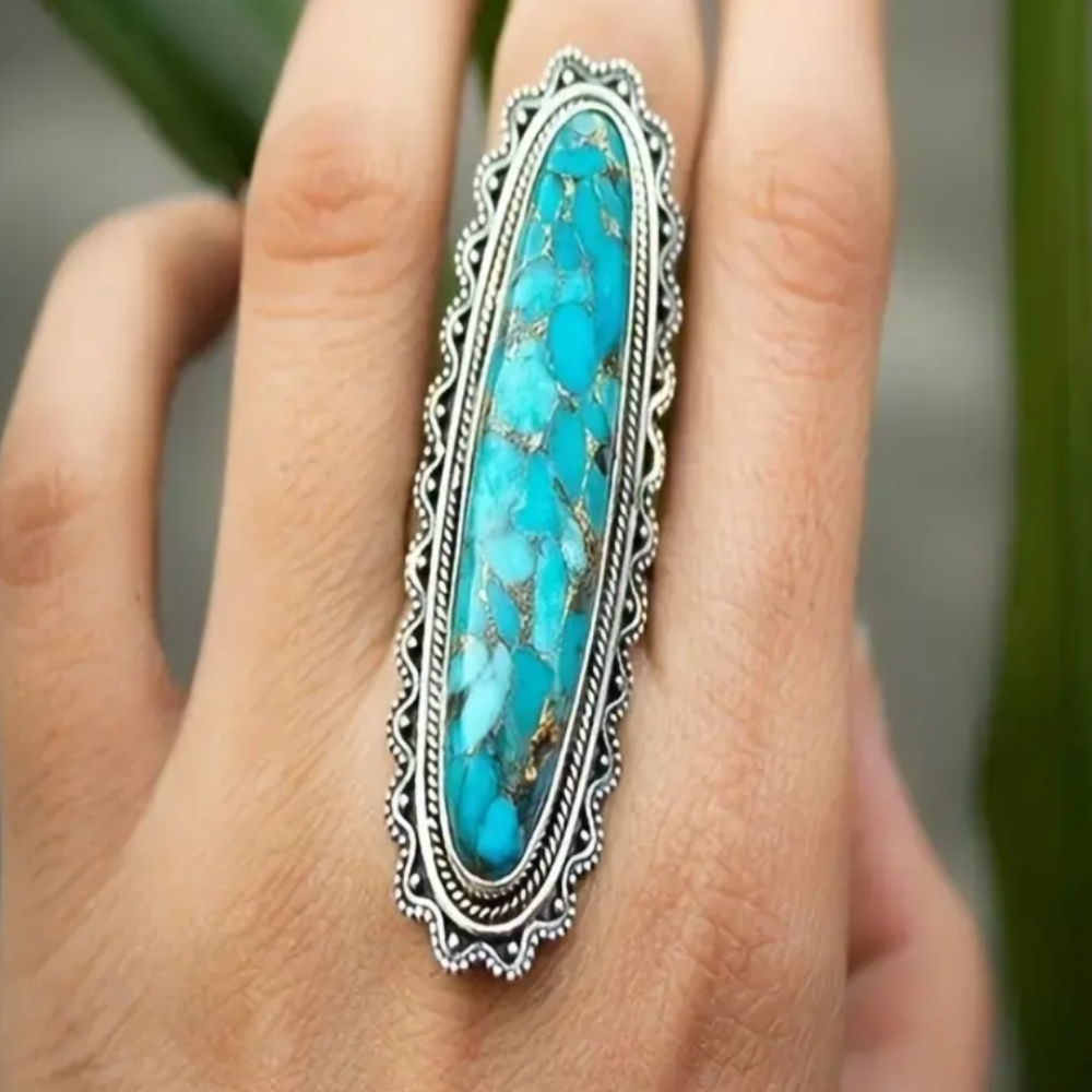 NWT LARGE SILVER AND GENUINE TURQUOISE RING